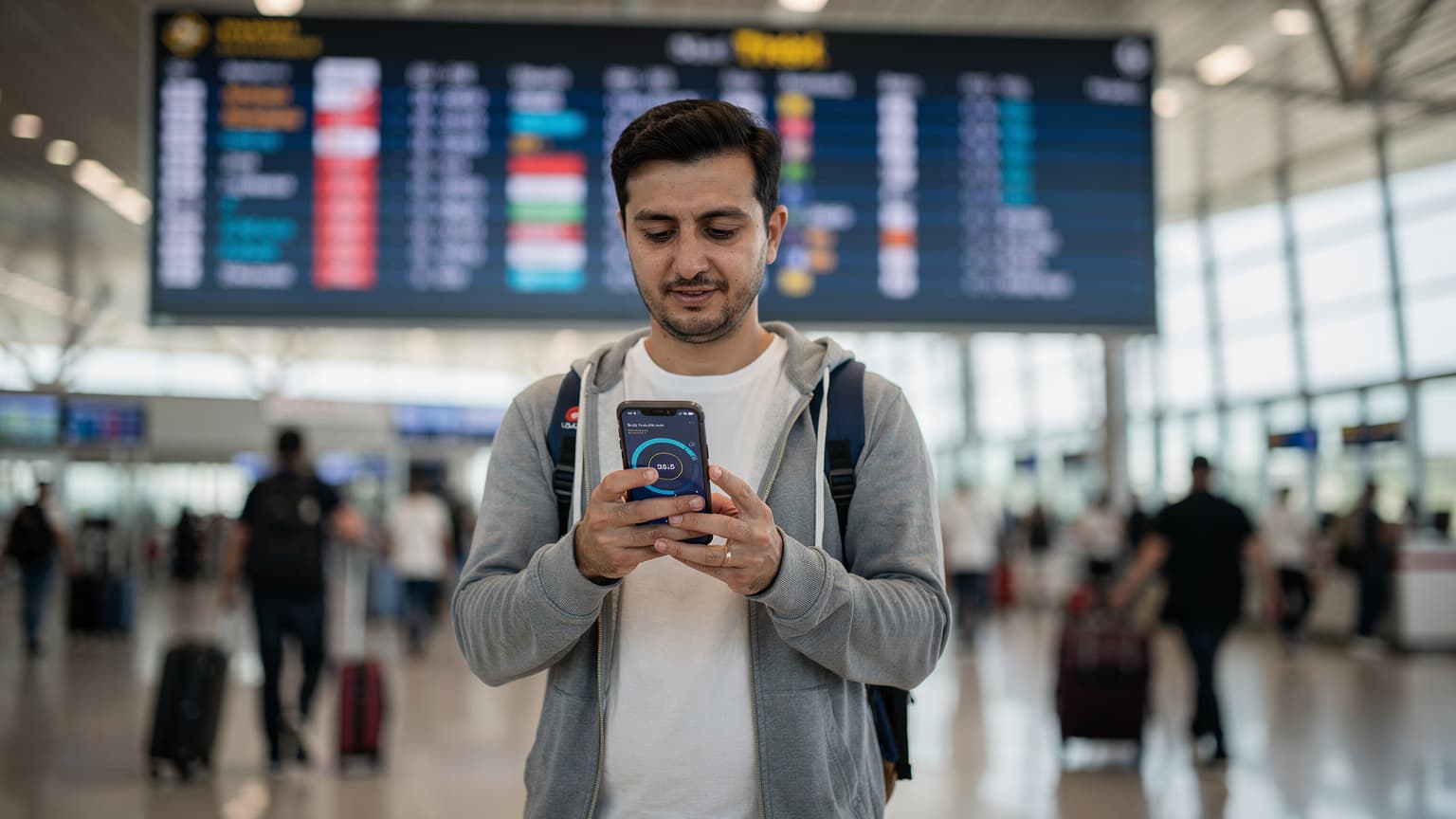 İstanbul Havalimanı dış hatlar terminalinde, kalkış panosunun önünde, elinde akıllı telefonuyla bir eSIM hız testi uygulamasını açmış, bekleyen bir gezgin.