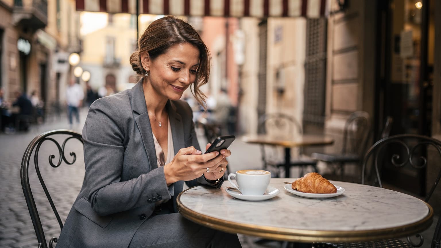 Una donna seduta a un tavolino di un caffè all'aperto nel quartiere di Brera, a Milano, mentre guarda il suo smartphone con un sorriso soddisfatto, con una tazza di caffè e una brioche sul tavolo.