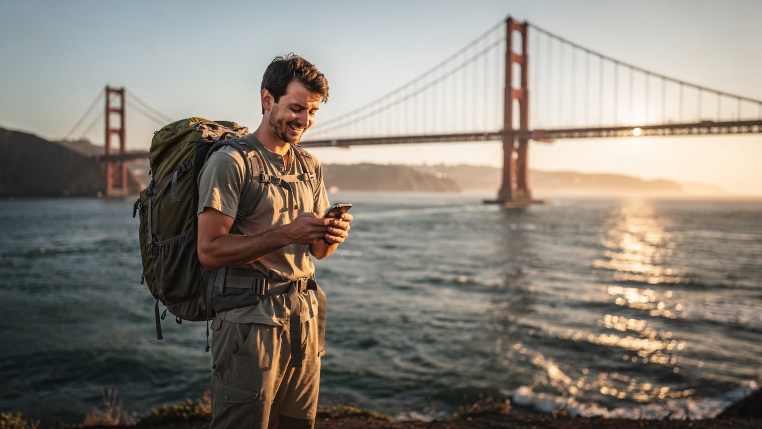 En reisende sjekker telefonen for datadekning ved Golden Gate Bridge i San Francisco i ettermiddagssol.