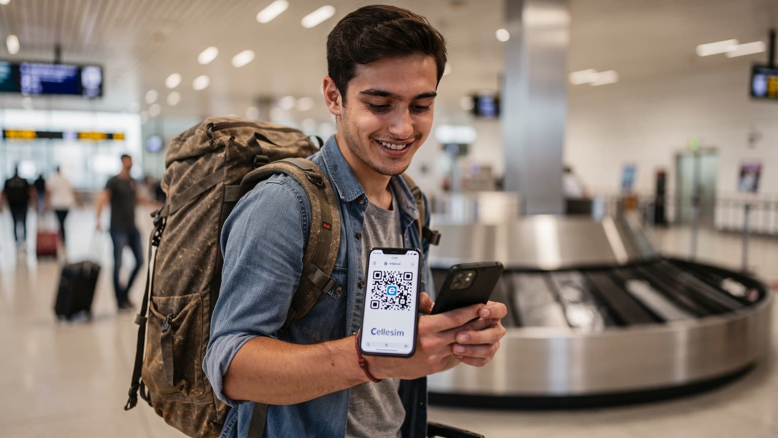 A budget traveler at Istanbul Airport holding a Cellesim eSIM QR code on their phone, looking pleased with their quick connection.