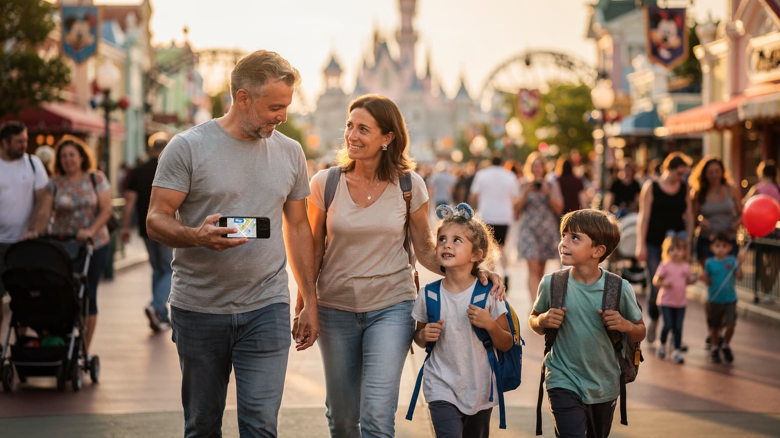 A family with two children, aged around 8 and 10, walking through the vibrant, bustling streets of a theme park, possibly Disneyland Paris, with a smartphone displaying a map in the father's hand.