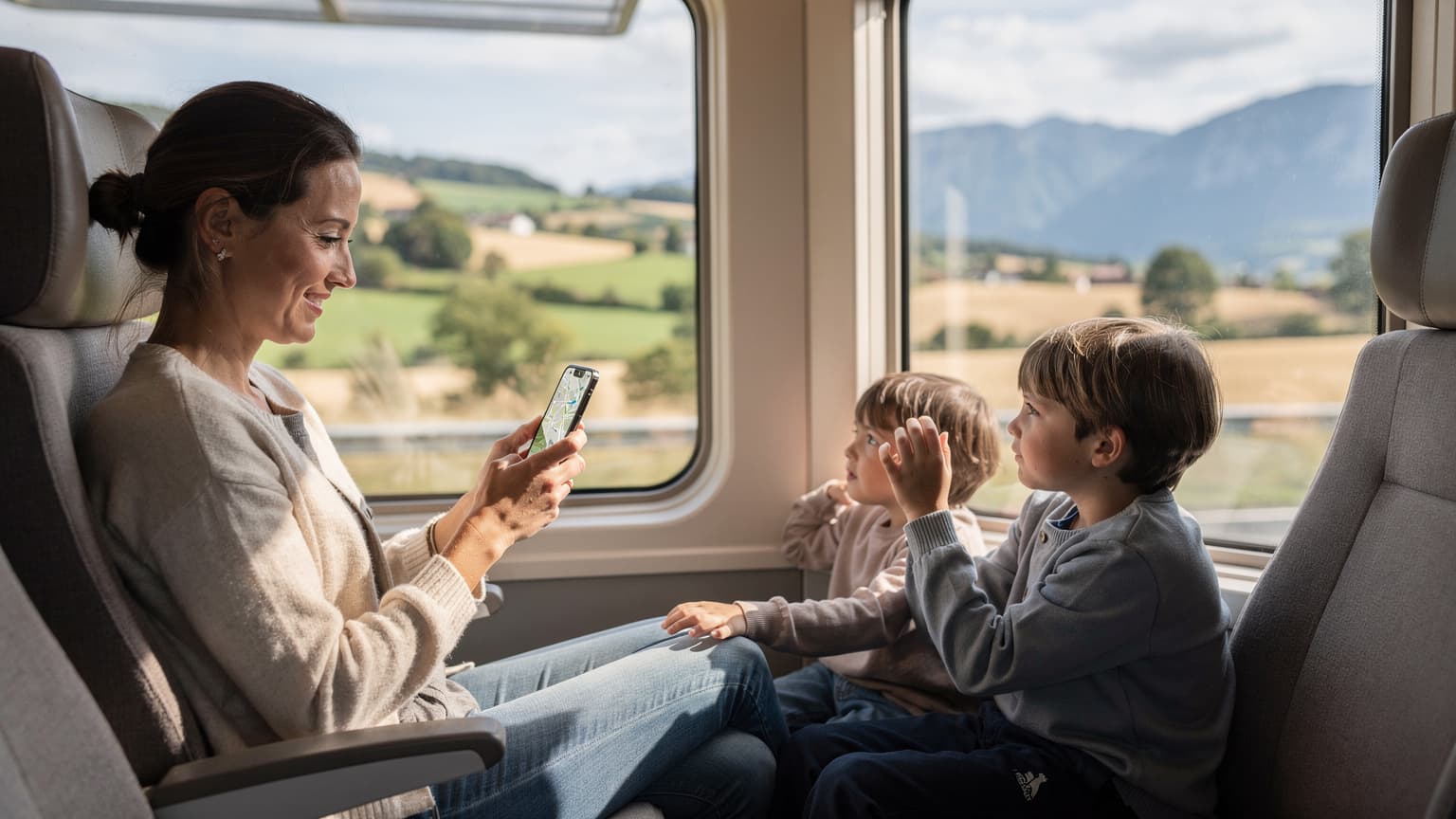 O mamă zâmbitoare verifică o hartă pe telefon, cu doi copii care privesc pe fereastra unui tren modern care traversează peisajul rural european însorit, cu munți în fundal.