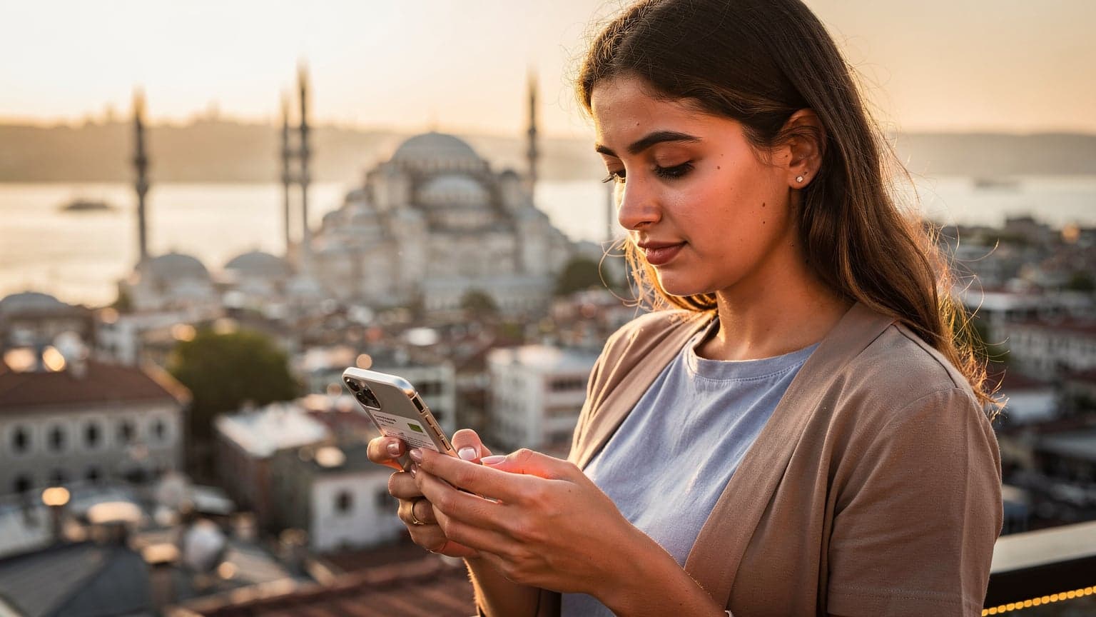 İstanbul'da tarihi Yarımada'nın üzerinden gün batımında akıllı telefonunda eSIM paketlerini kontrol eden genç bir kadın.