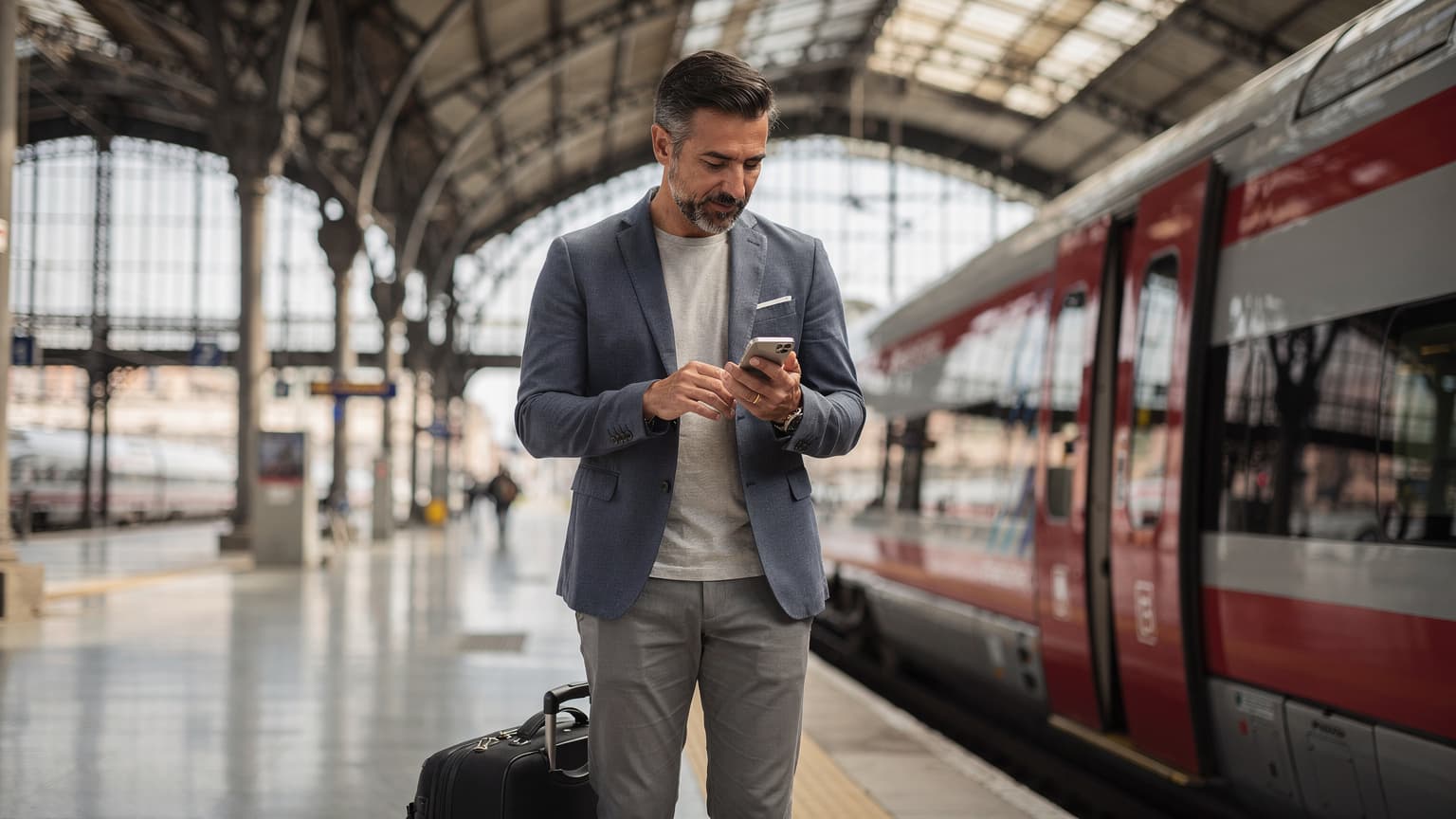 Un uomo d'affari controlla il suo telefono mentre aspetta il treno ad alta velocità Frecciarossa alla stazione di Milano Centrale, con i binari e i passeggeri sullo sfondo.