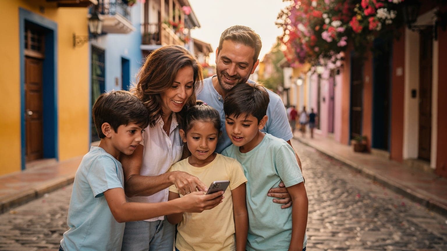 A family, including two young children, standing on a cobblestone street in Cartagena, Colombia, looking at a smartphone held by the mother, with colourful colonial buildings in the background.