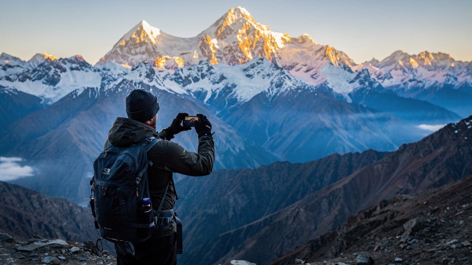 En solopgang over de sneklædte Pamirbjerge med en rejsende, der tager et billede med sin telefon fra et udsigtspunkt i Tadsjikistan.