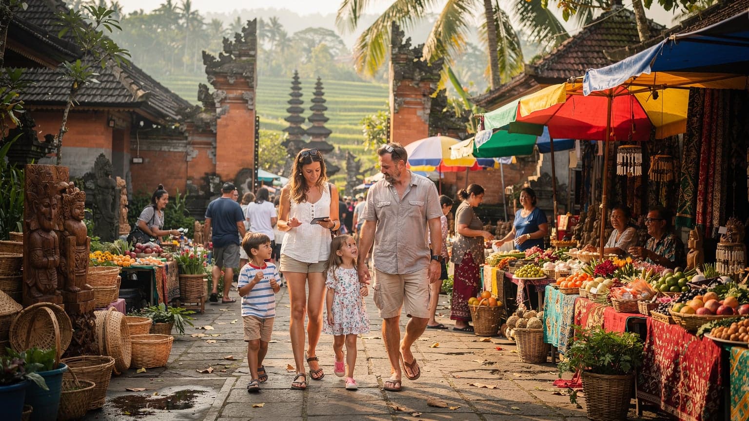 A family with two children, aged 8 and 10, walking through a vibrant market in Ubud, Bali, with lush green rice paddies visible in the background, a parent holding a smartphone.