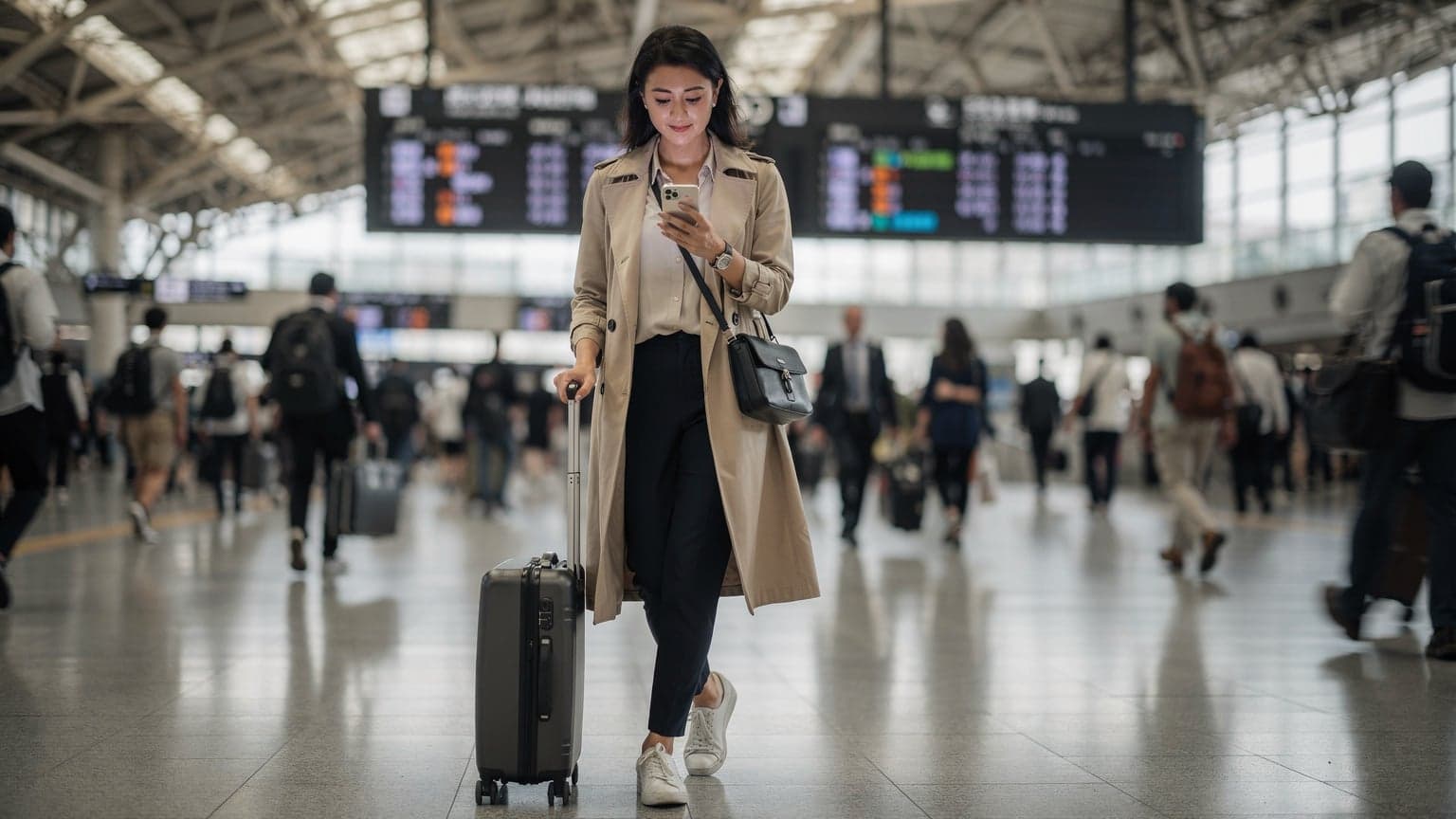 A woman confidently walking through the main hall of Tokyo's Shinjuku Station, holding a smartphone showing a cellular settings screen, with blurred commuters and train departure boards in the background.