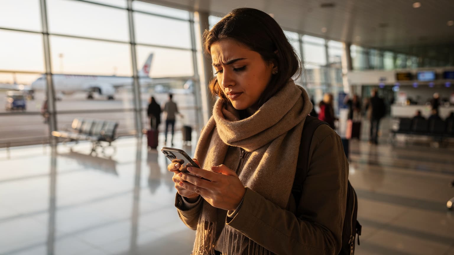 İstanbul Havalimanı'nın yoğun bir terminalinde, güneş batarken pencereden süzülen altın ışıkta, genç bir kadının akıllı telefonunda eSIM kurulum ekranına baktığı anı gösteren fotoğraf.