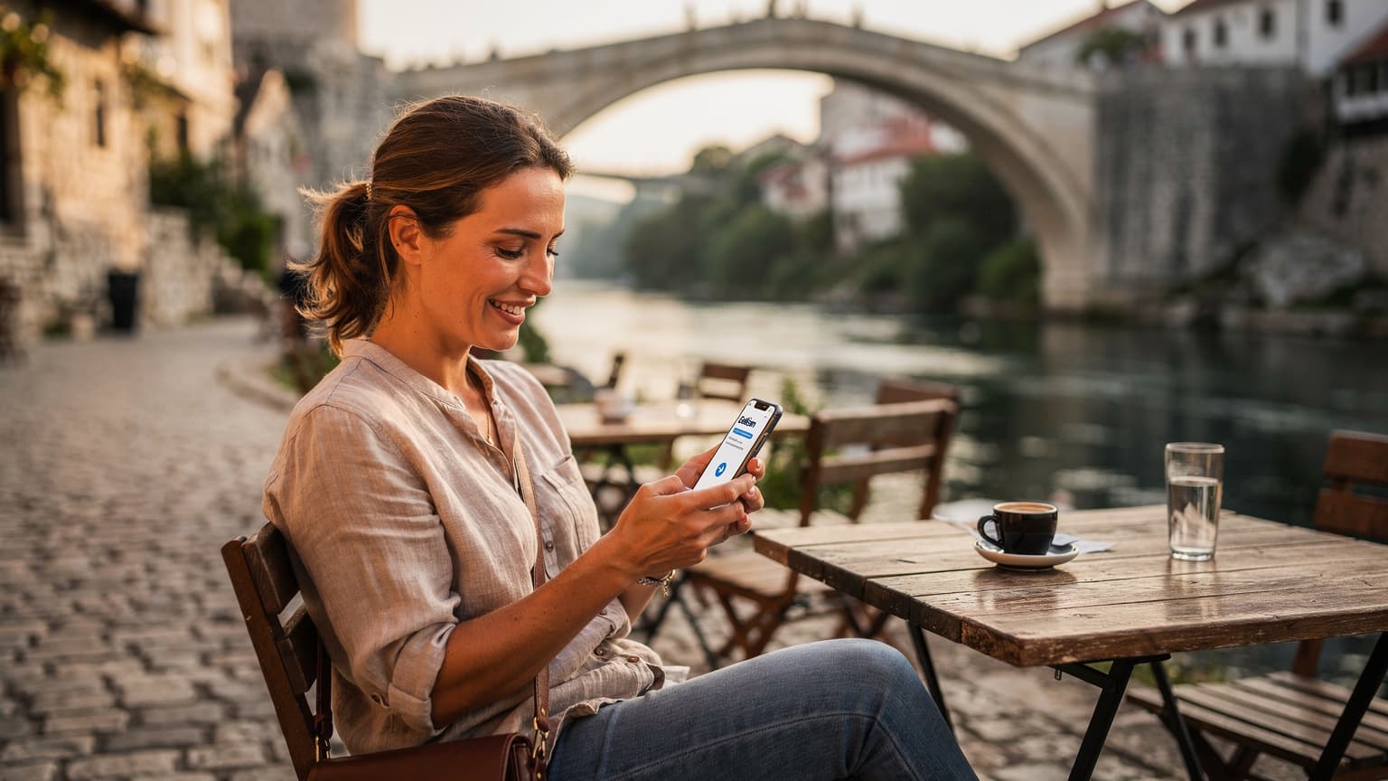 Een reiziger bekijkt haar telefoon met een eSIM-profiel geactiveerd, zittend op een terras met uitzicht op de historische Mostar-brug in Bosnië en Herzegovina, bij zonsondergang.