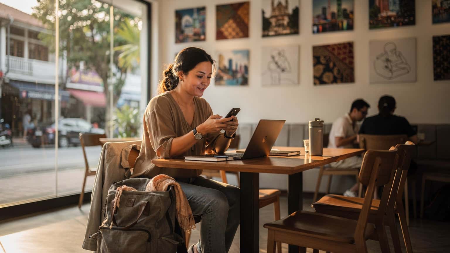 Seorang wanita duduk di meja kopi di sebuah kafe moden di Kuala Lumpur, memegang telefonnya dengan pergelangan tangan yang memakai gelang manik, cahaya pagi keemasan menembusi tingkap kaca besar.