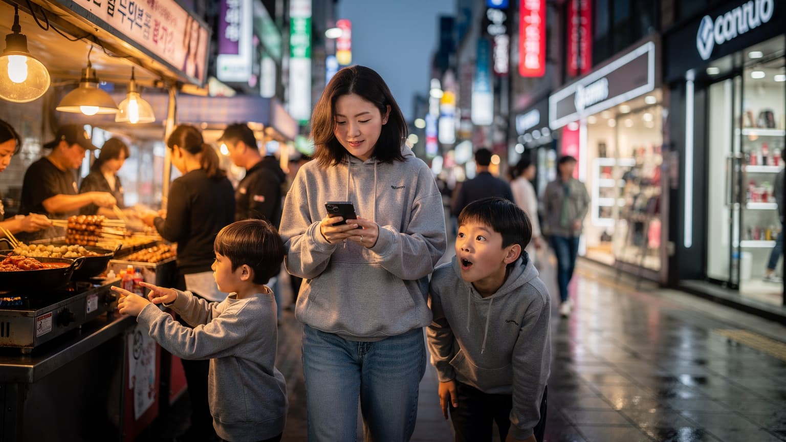 一位母亲带着两个孩子,在首尔明洞街头,孩子们好奇地望着街边小吃摊,母亲则看着手机,背景是熙熙攘攘的购物街和夜市灯光。