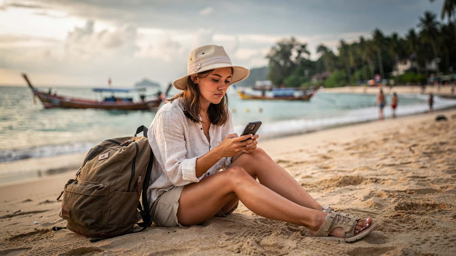 Một người phụ nữ trẻ đang kiểm tra điện thoại thông minh của mình trên bãi biển Patong, Phuket, với nền là biển xanh và những chiếc thuyền đuôi dài truyền thống.
