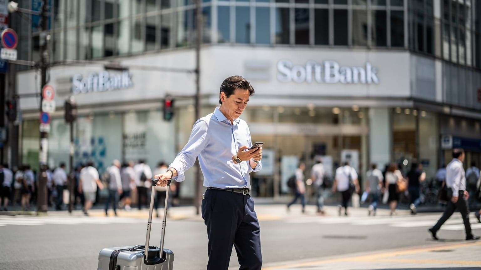 東京・新宿のオフィスビルが立ち並ぶエリアで、スーツケースを引く旅行者がスマートフォンを操作している。背景にはソフトバンクの看板が小さく見える。