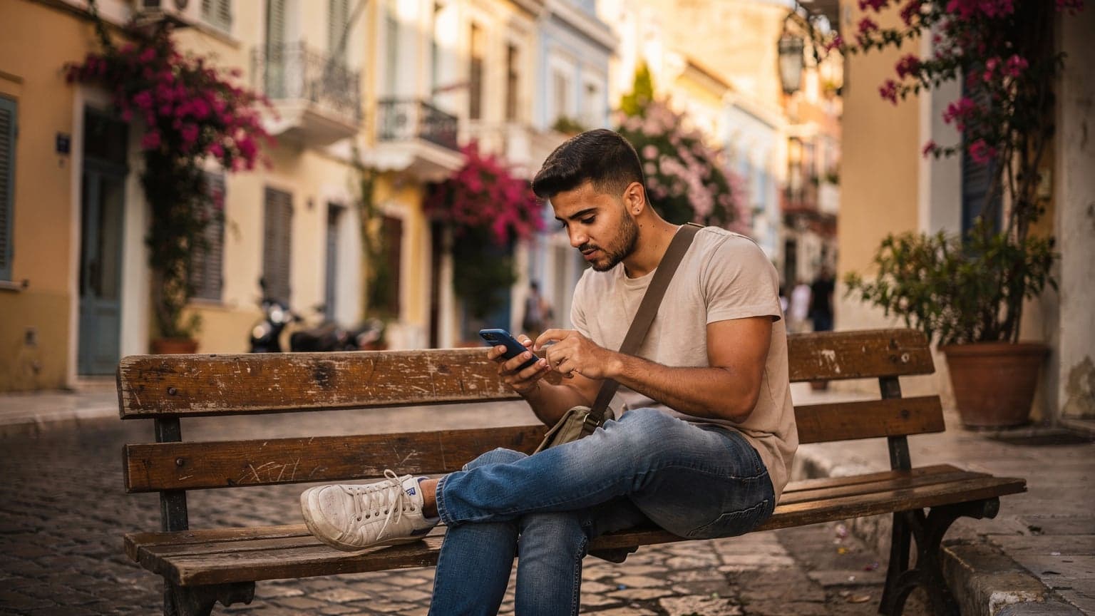 شاب عربي يتفحص هاتفه الذكي وهو يجلس على مقعد خشبي في ساحة بلاكا العتيقة بأثينا، تظهر خلفه الأزقة الضيقة والمباني التقليدية الملونة.