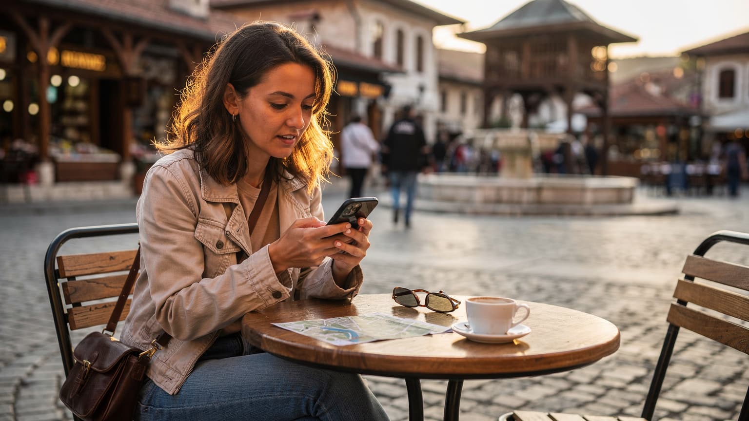 Eine Frau sitzt entspannt in einem Café in der Altstadt von Sarajevo, Bosnien und Herzegowina, und hält ihr Smartphone in der Hand, während sie eine digitale Karte betrachtet.