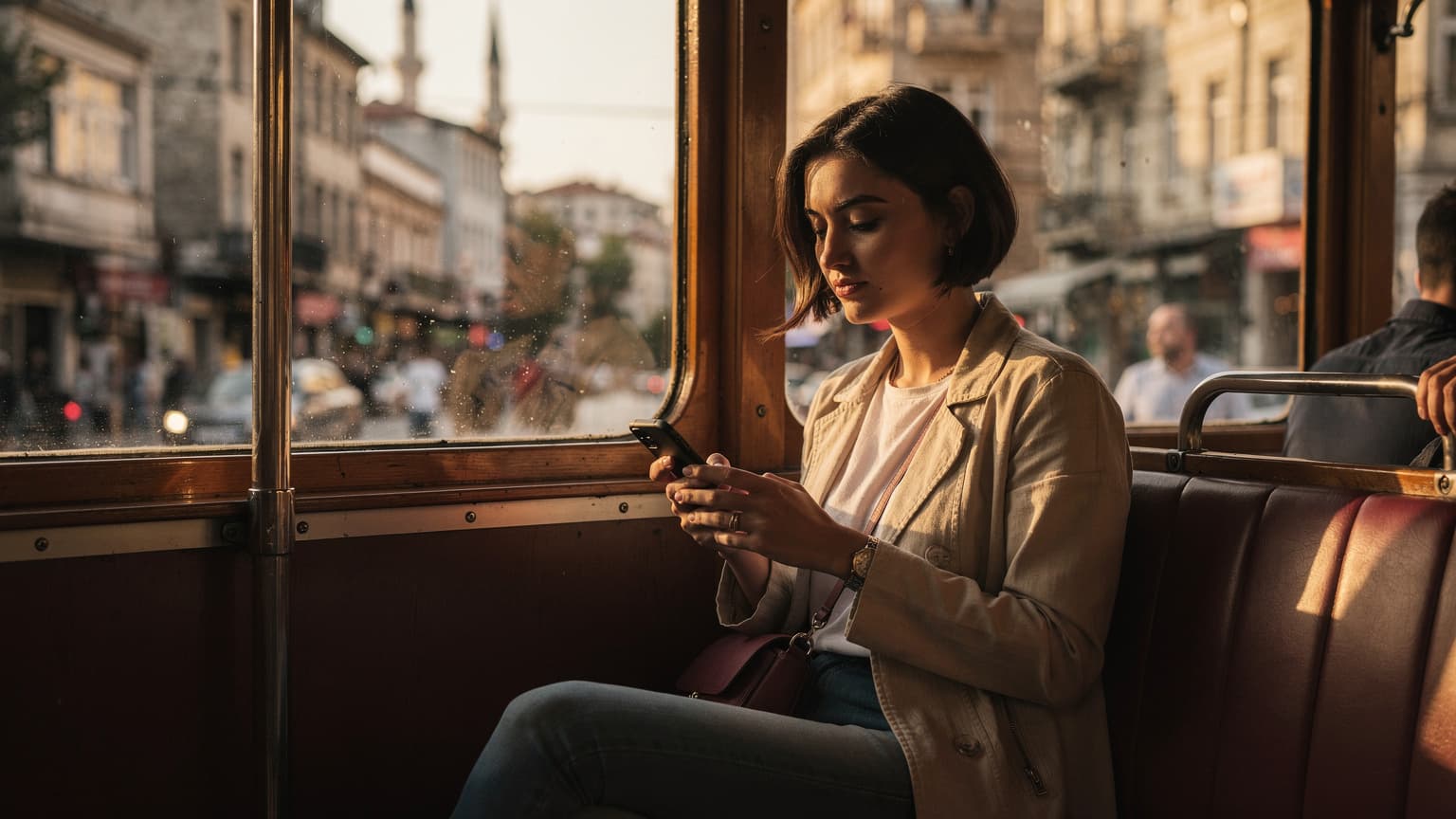 İstanbul'da bir tramvayda oturan, telefonunda Cellesim eSIM uygulamasını kontrol eden genç bir kadın.