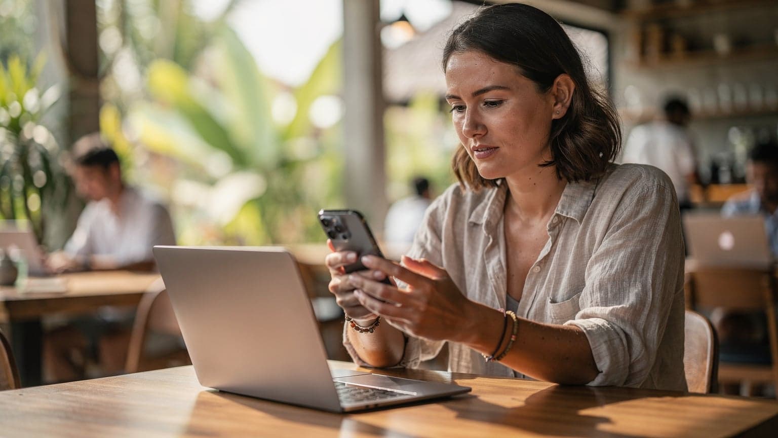 A woman sits at a cafe in Canggu, Bali, looking at her phone with a focused expression, a half-empty glass of iced coffee on the rustic wooden table.