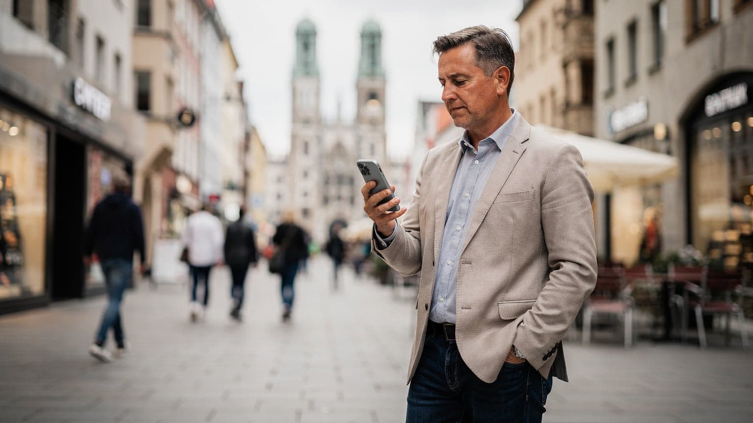 Eine Person hält ein iPhone 11 in der Hand, während sie auf einer belebten Einkaufsstraße in München, Deutschland, die Marienkirche im Hintergrund, steht.