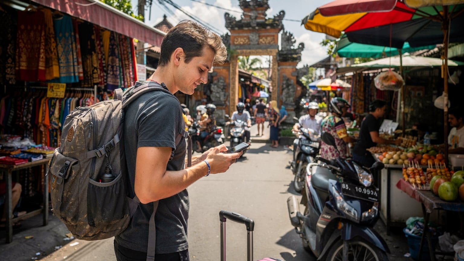 A budget traveler in a bustling Kuta street market in Bali, Indonesia, looking at their phone with a thoughtful expression, having just landed from France.