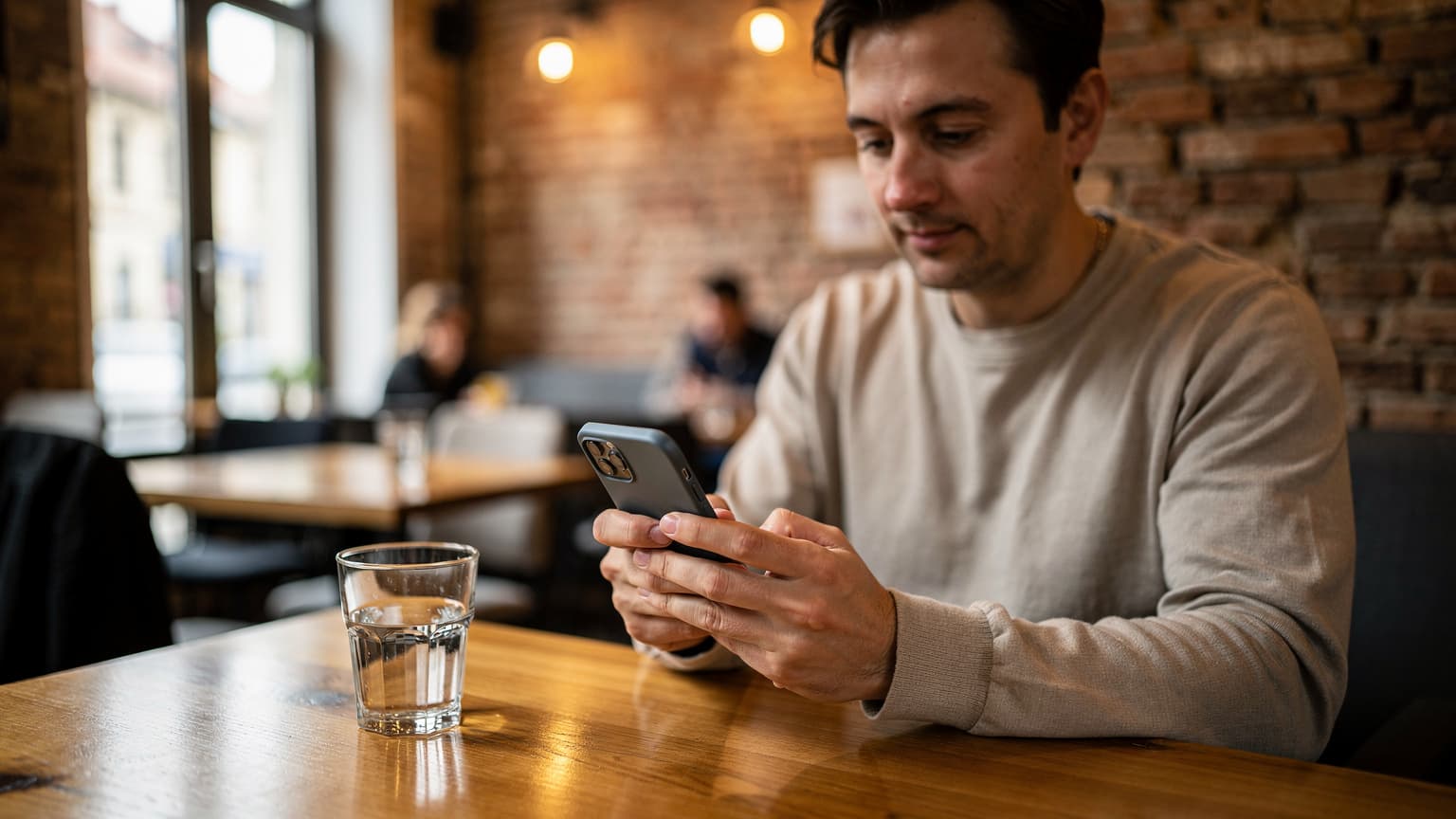 Eine Person sitzt in einem Café in Belgrad, Serbien, und schaut auf ihr Smartphone, während sie eine eSIM einrichtet.