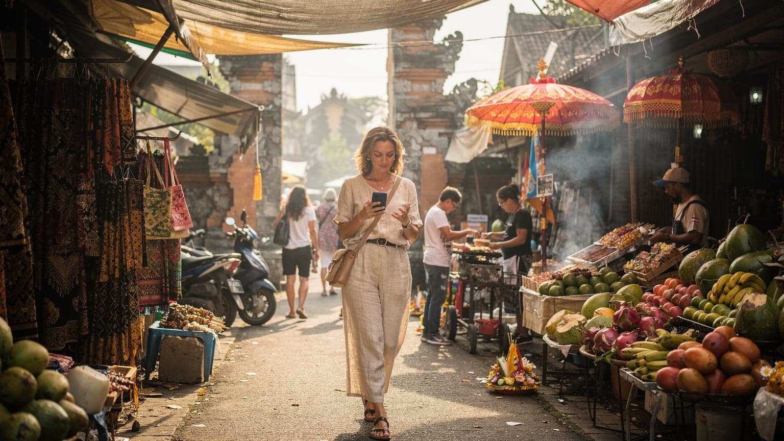 A woman confidently navigating a busy street market in Seminyak, Bali, holding her smartphone, with traditional Indonesian textiles and food stalls in the background under soft morning light.