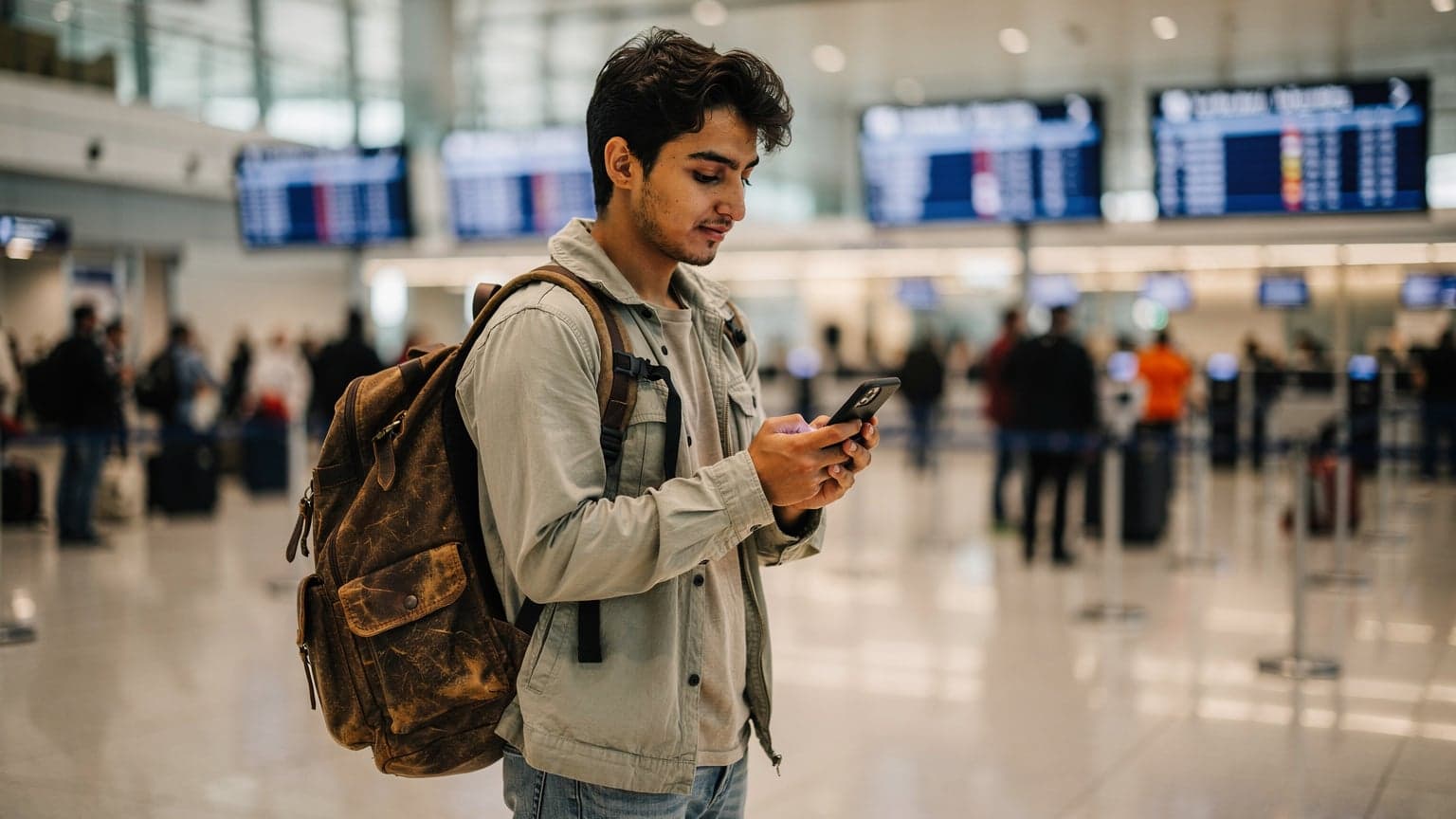 İstanbul Havalimanı dış hatlar terminalinde, pasaport kontrolünden geçmek üzere olan bir gezginin elinde akıllı telefonuyla eSIM kurulum ekranına baktığı anın fotoğrafı.