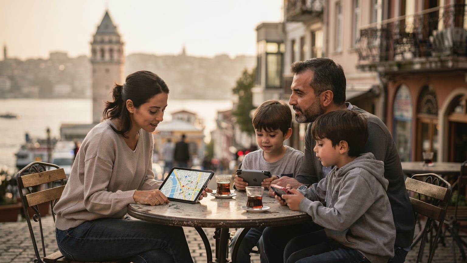 İstanbul'da bir aile, Galata Kulesi manzaralı bir kafede oturmuş, ebeveynlerden biri tabletinde harita kontrol ederken çocukları ise kendi cihazlarında oyun oynuyor.