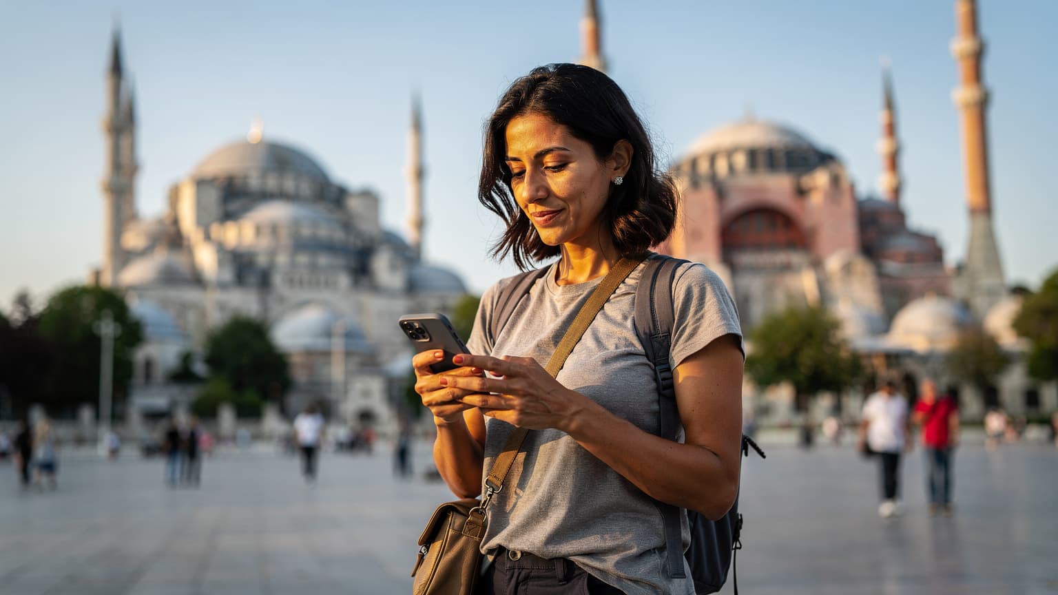 İstanbul'un Sultanahmet Meydanı'nda, Ayasofya ve Sultan Ahmet Camii'nin fonunda, bir seyyah akıllı telefonundaki eSIM profilini etkinleştirirken.