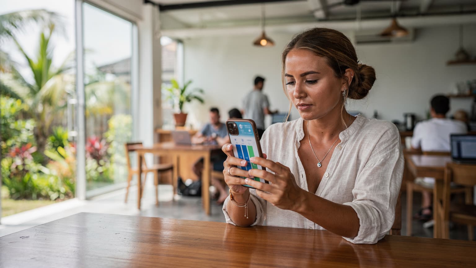 A woman in a vibrant co-working space in Bali, Indonesia, looking at a speed test result on her phone, with a focused expression.