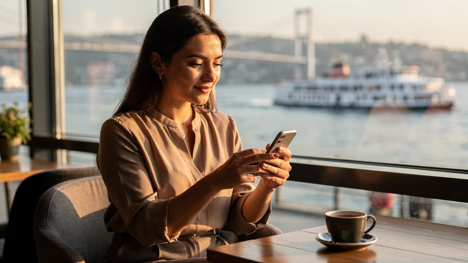 İstanbul'un Karaköy semtindeki bir kafede, pencereden Boğaz Köprüsü manzarasına karşı, bir kadının elinde akıllı telefonunu tuttuğu ve Cellesim uygulamasını incelediği bir an.