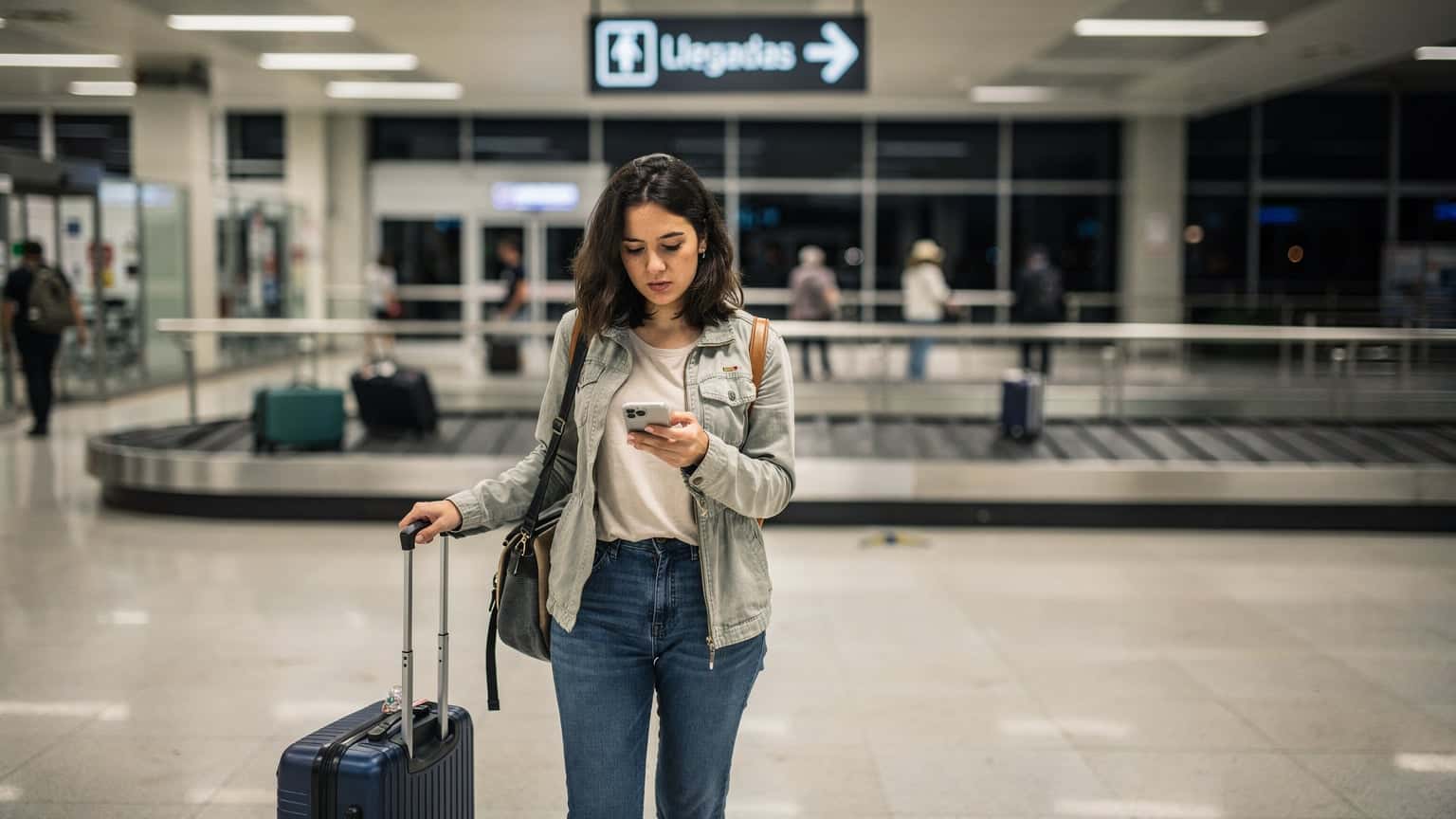 Una mujer joven, con una mochila de viaje ligera, revisa su teléfono en la terminal de llegadas del Aeropuerto Internacional de Carrasco en Montevideo, Uruguay, con la zona de recolección de equipaje al fondo.