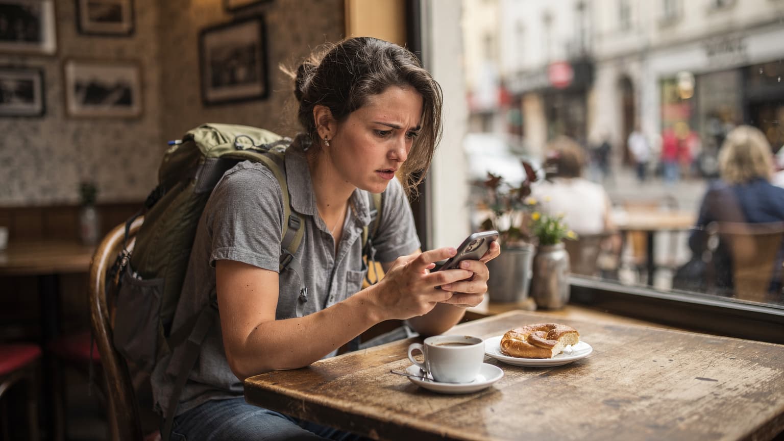 Eine junge Frau sitzt in einem Café in München, schaut besorgt auf ihr Smartphone, während sie eine Tasse Kaffee vor sich hat und der ADAC Routenplaner auf dem Bildschirm sichtbar ist.