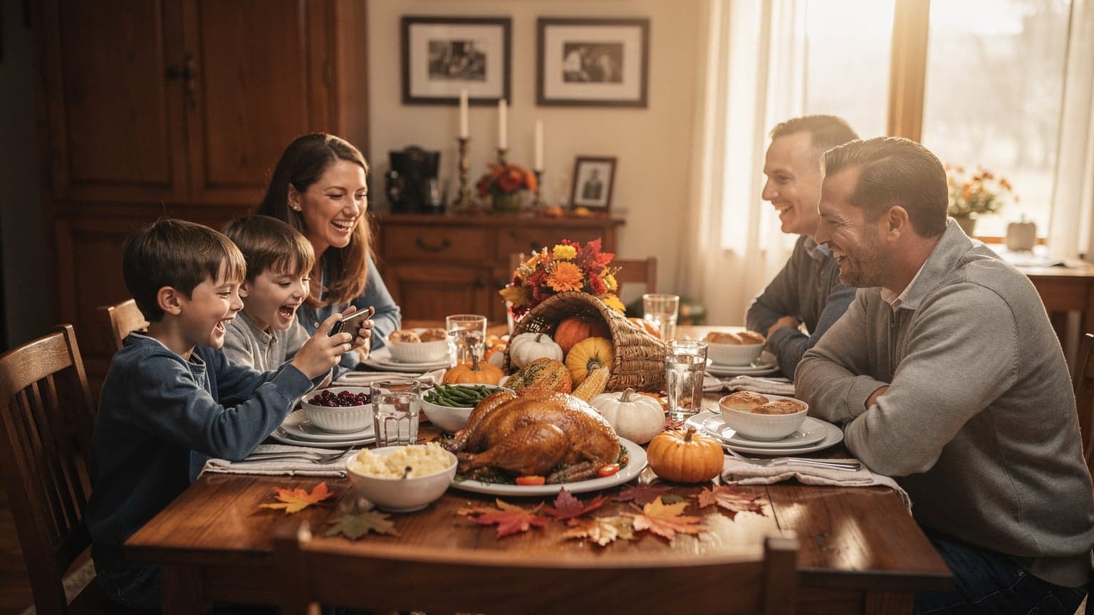 Uma família sorridente, pais e duas crianças de 8 e 10 anos, sentados em uma mesa de jantar festiva com um peru assado ao centro, em uma casa decorada para o Dia de Ação de Graças nos Estados Unidos, com luz quente de fim de tarde entrando pela janela.