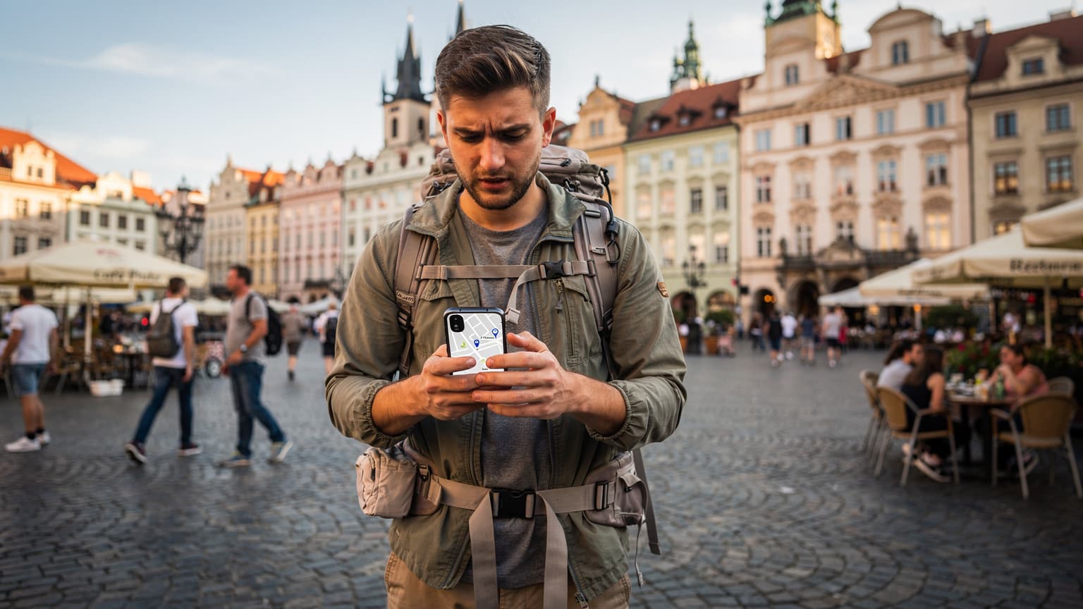 Mladý batůžkář s mobilním telefonem v ruce kontroluje mapu na rušném náměstí v Praze, s historickými budovami v pozadí.