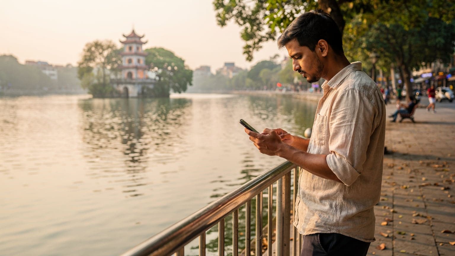 वियतनाम के हनोई में होआन कीम झील के किनारे एक भारतीय यात्री अपने स्मार्टफोन पर Viettel eSIM सक्रिय कर रहा है।