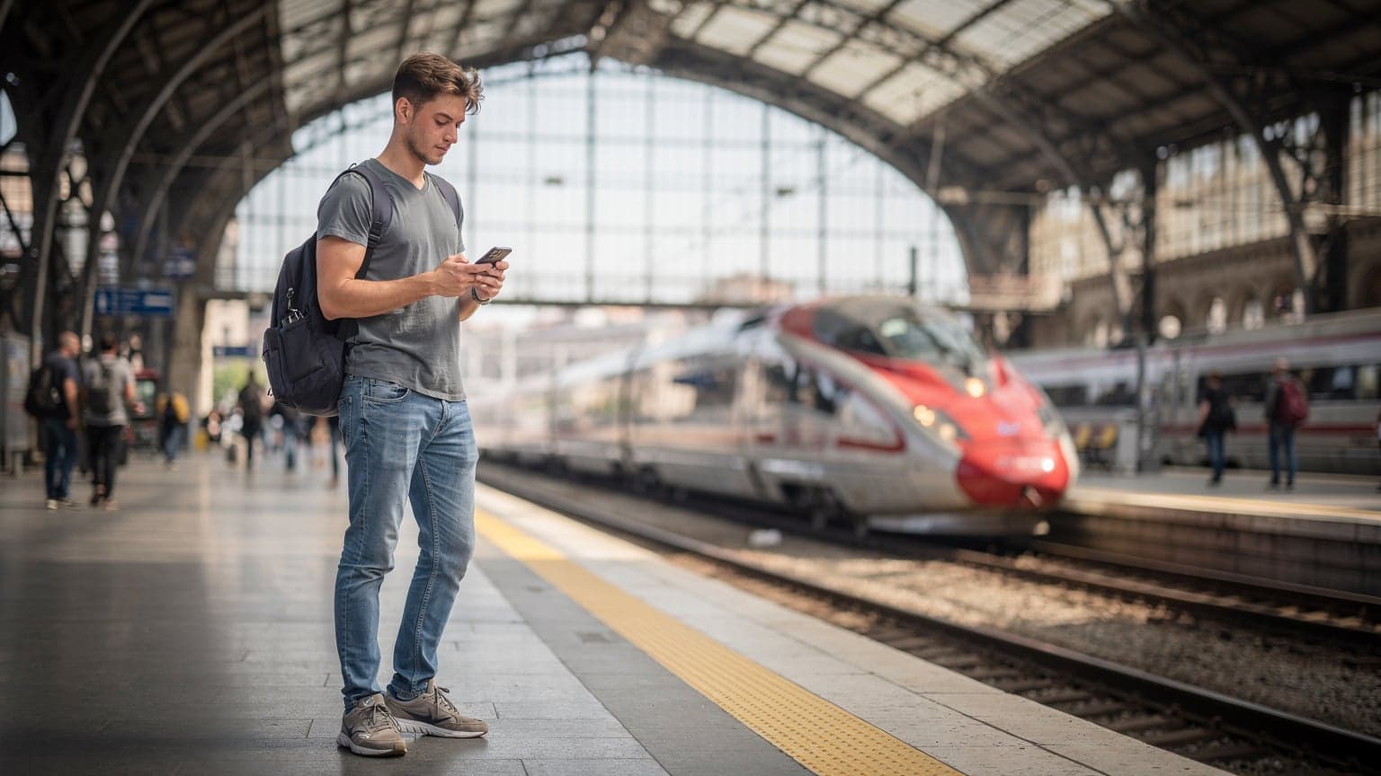 Un viaggiatore controlla il suo smartphone mentre attende al binario della Stazione Centrale di Milano, con un treno ad alta velocità sullo sfondo.