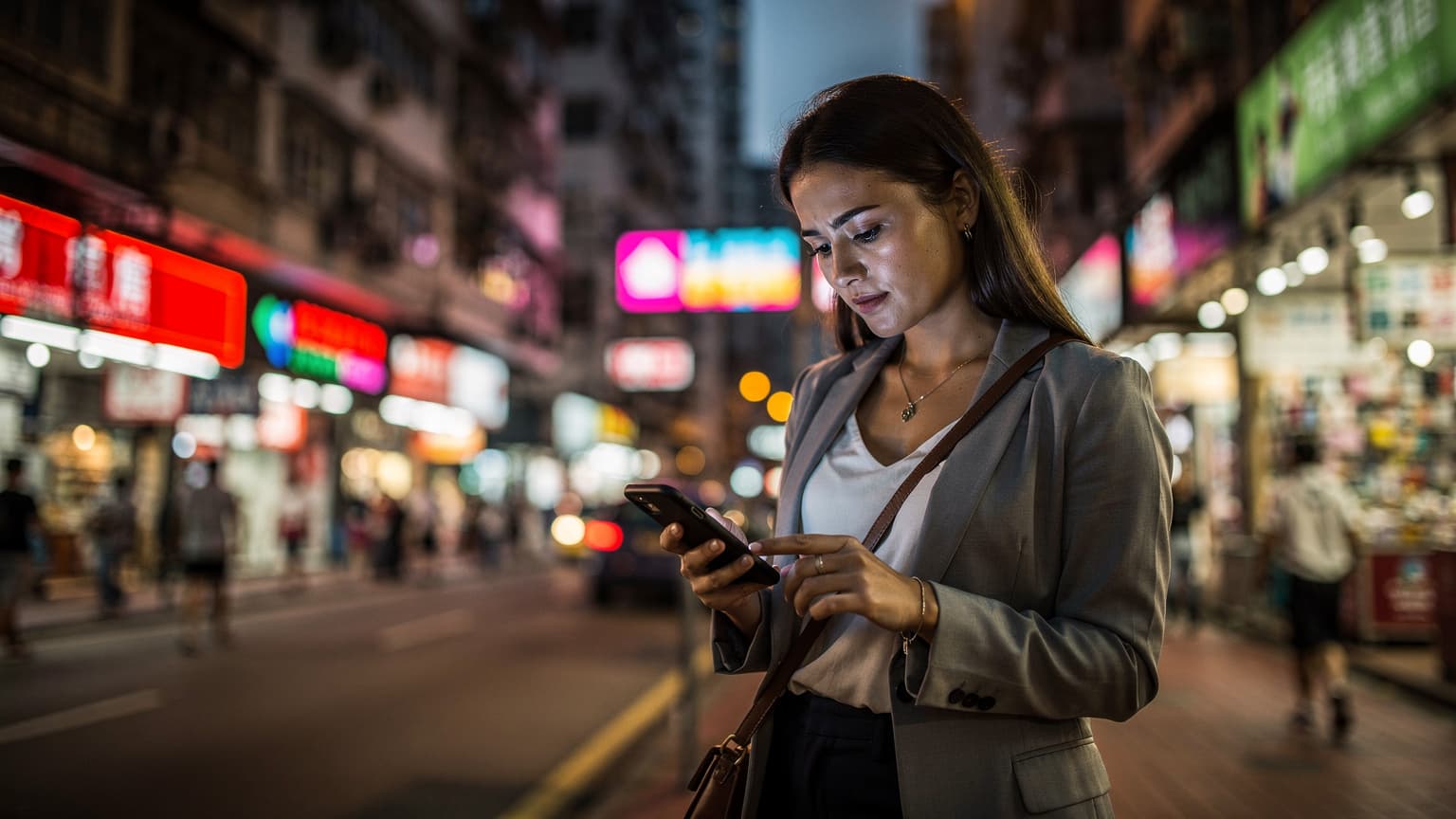 Μια γυναίκα με ένα smartphone στο χέρι, ελέγχοντας έναν χάρτη, ενώ στέκεται σε ένα πολυσύχναστο πεζοδρόμιο στην περιοχή Mong Kok του Χονγκ Κονγκ, με φόντο τα φωτισμένα κτίρια και τις πινακίδες νέον.