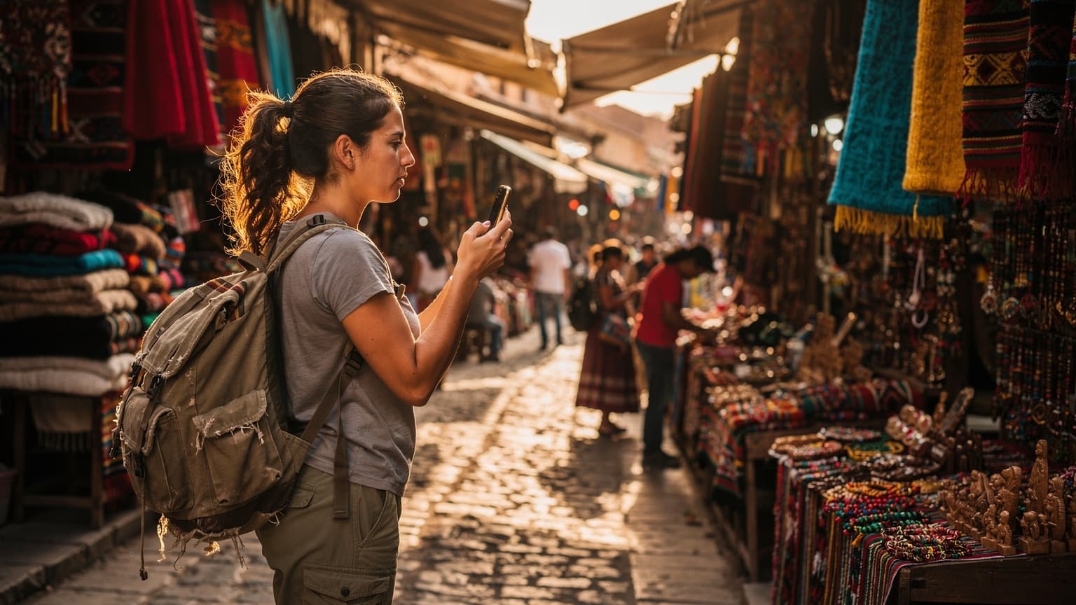 A budget traveler looking at their phone with a backpack in a bustling street market in La Paz, Bolivia, with colourful textiles and street food stalls in the background.