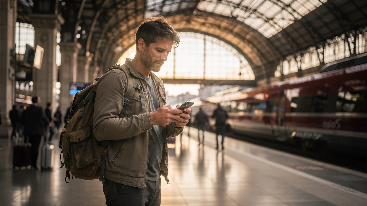 Una persona con uno zaino da viaggio e un telefono in mano, controlla l'eSIM nell'affollata stazione ferroviaria di Milano Centrale, con i treni sullo sfondo.
