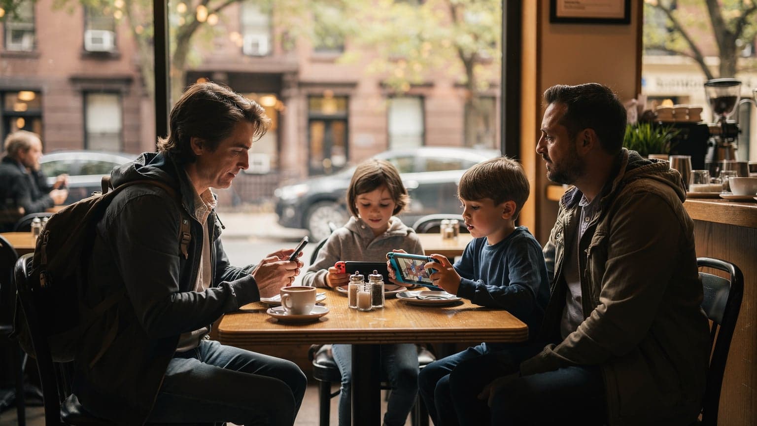 En familie på fire, to voksne og to barn, sitter ved et bord i en travel kafe i New York City og ser på hver sine enheter, med en eSIM-app åpen på den ene voksnes telefon.