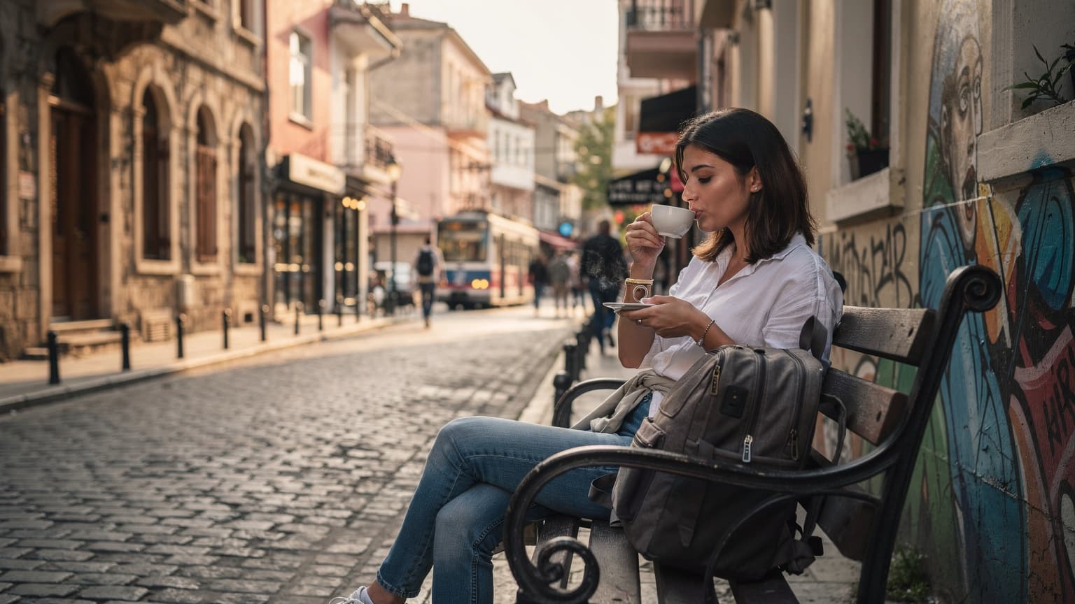 İstanbul'daki Karaköy mahallesinde, tarihi binaların ve hareketli bir sokağın önünde, bir bankta oturmuş genç bir kadın telefonundan eSIM io uygulamasını kontrol ediyor. Kadın Türk kahvesi içiyor ve hafifçe gülümsüyor.