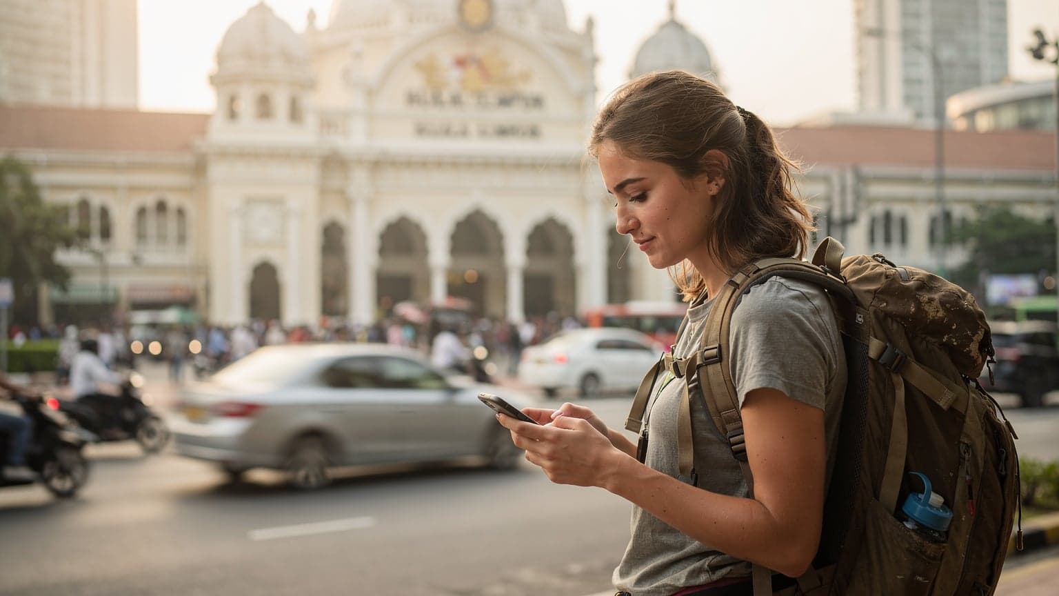 Seorang backpacker muda perempuan memeriksa telefonnya di hadapan Stesen Kereta Api Kuala Lumpur, dengan latar belakang bangunan bersejarah dan orang ramai lalu-lalang.