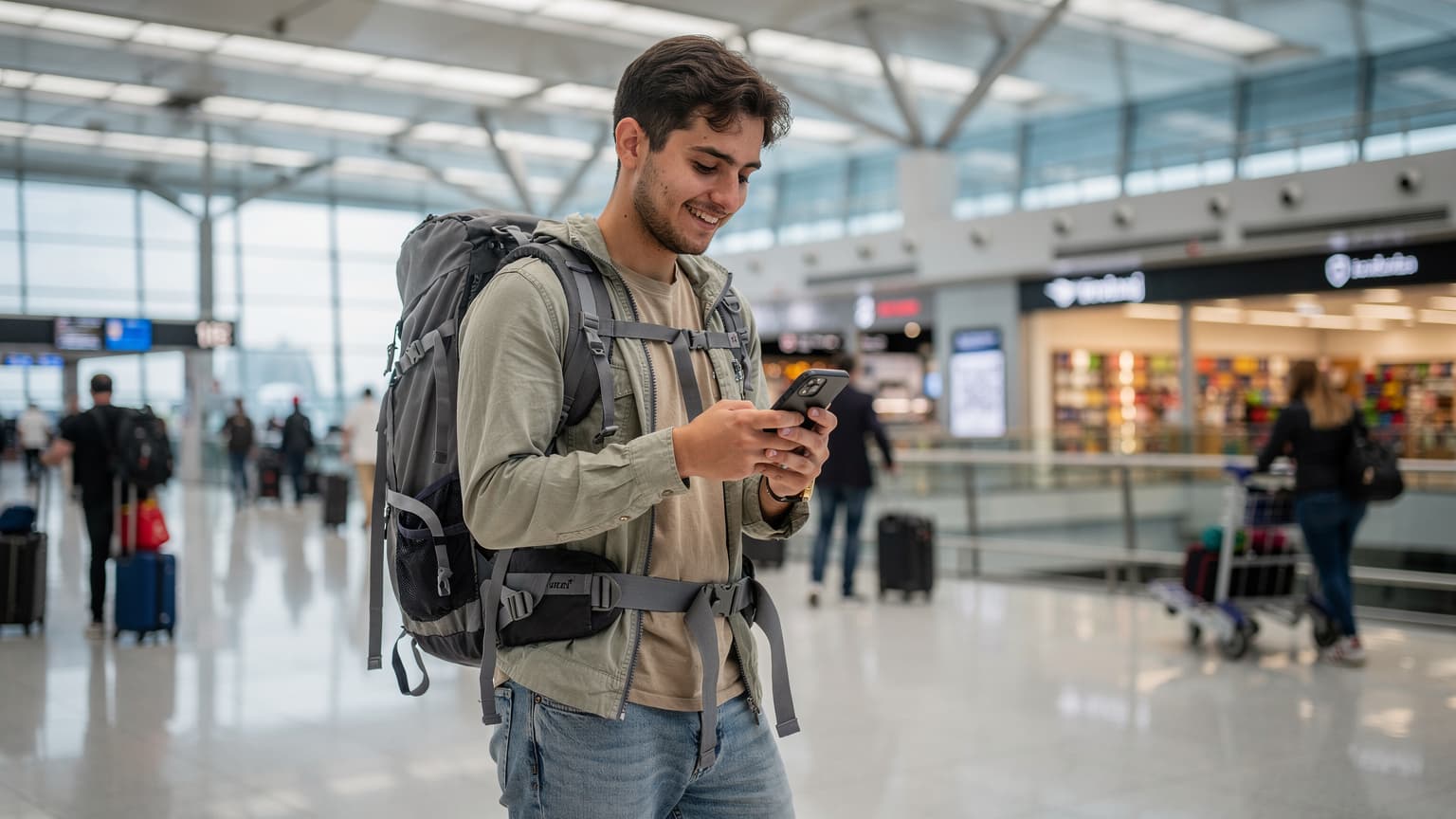 İstanbul Havalimanı dış hatlar terminalinde, pasaport kontrolünden yeni geçmiş genç bir sırt çantalı gezgin, telefonundan eSIM kurulumu için QR kodu tararken gülümsüyor.