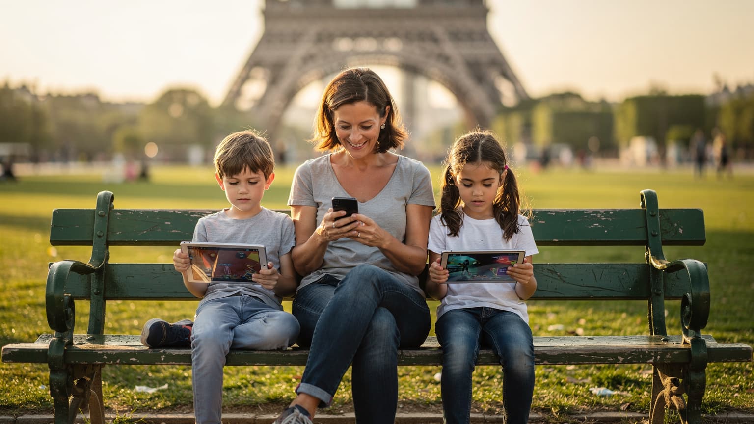 A mother and her two children, aged around 8 and 10, sitting on a park bench in front of the Eiffel Tower, all looking at their phones with a mixture of amusement and concentration. The mother is smiling, subtly checking a message.