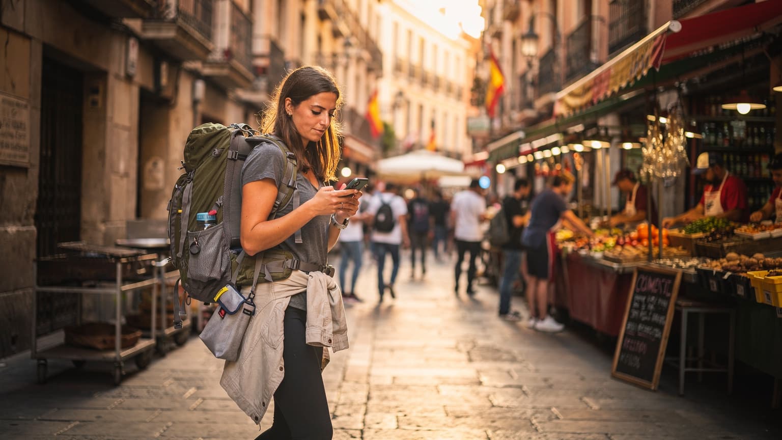 Mladá žena s batohem prochází po rušné nákupní ulici v Madridu, drží v ruce chytrý telefon a kontroluje mapy, zatímco kolem ní proudí lidé.