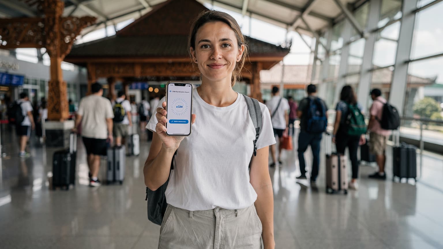 A woman confidently holding her smartphone, displaying a successful eSIM activation screen, while standing at the bustling arrivals area of Ngurah Rai International Airport in Denpasar, Bali.