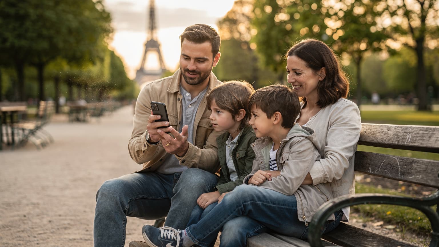 Rodina s dvěma dětmi sedí na lavičce v pařížském parku Jardin des Tuileries, otec drží mobilní telefon a ukazuje dětem něco na obrazovce, zatímco matka s únavou, ale úsměvem, sleduje. Eiffelova věž je vidět v pozadí.