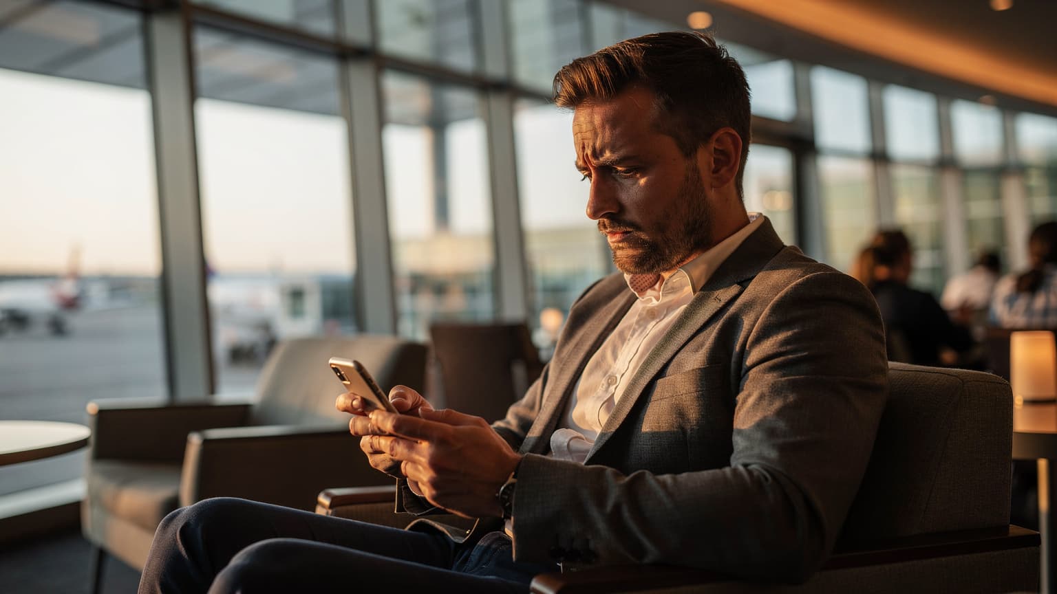A traveler in an airport lounge in London Heathrow Terminal 5, looking at their iPhone with a slightly concerned expression, as golden hour sunlight streams through the large windows.