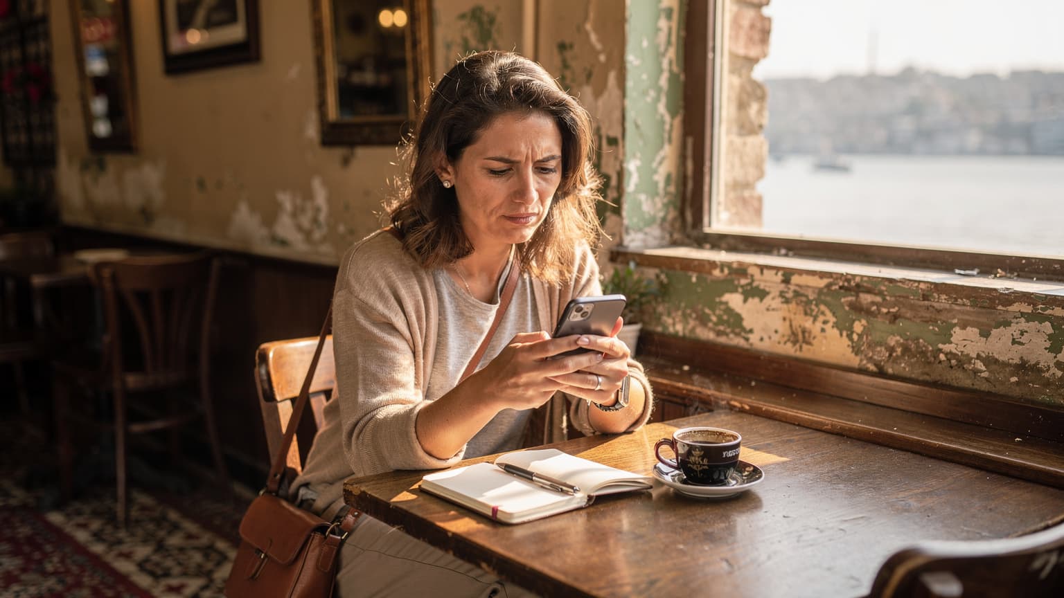 A woman sits at a cafe table in Istanbul, her smartphone displaying a network signal, next to a Turkish coffee and a notebook.